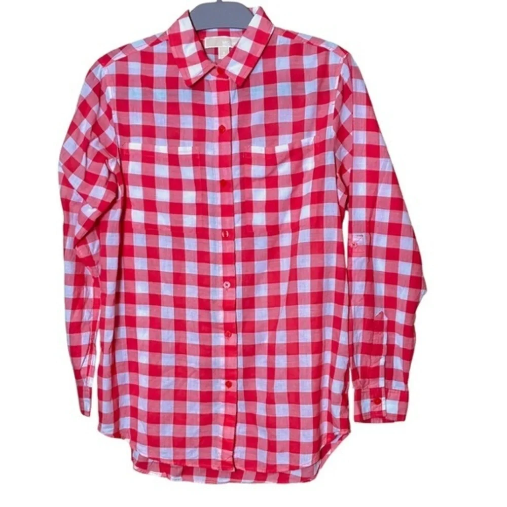 Michael Kors Large Gingham Check Red/Coral & White Plaid Button Down Shirt